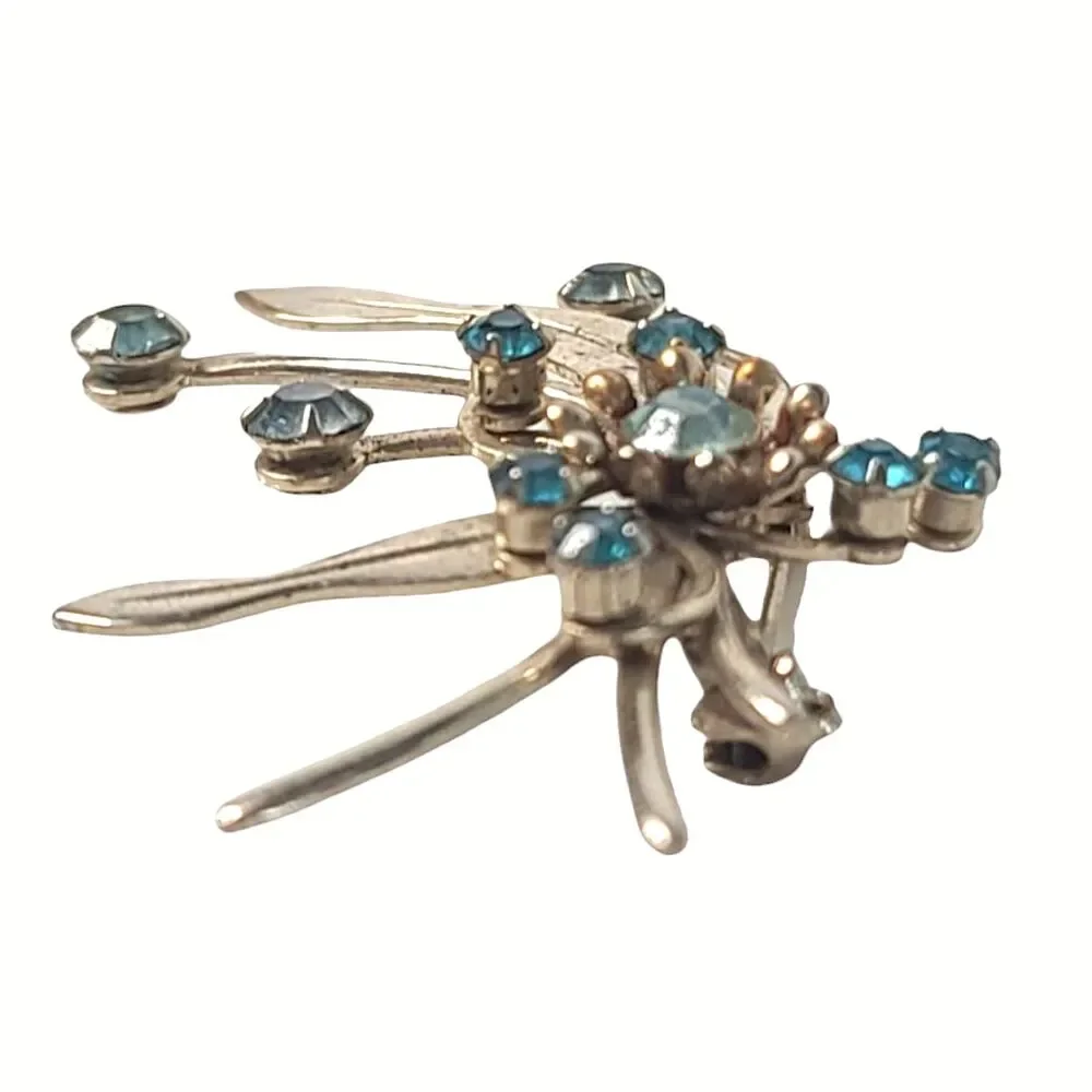 Vintage Asymmetrical AB Rhinestone Metal Flower Brooch Pin Sunburst Art Deco MCM